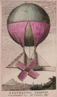 Crosbie’s ‘aeronautic chariot’, the device that he first displayed to the public, had masts, sails, a sort of propeller or moulinet and a rudder. His actual flights were made in what he called a ‘flying barge’, which was much simpler, with ballast as the only means of control. (National Library of Ireland)