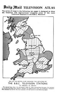 'Television atlas’ showing the range of the BBC’s various transmitters in 1953. Note the distance from Holme Moss to the Irish coast.