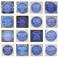 A selection of blue plaques celebrating bishops, boxers, poets, inventors, war heroes, patriots, artists, actors, and one fourteenth-century king. (Ulster History Circle)