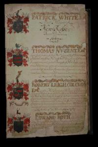 The minutes of New Ross ‘Comon [sic] Council’ held on 6 March 1687, and (below) the names (and coats of arms) of that year’s mayor (or sovereign) and other officials. (New Ross Town Council)