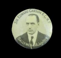 Lapel badge created for Sir Edward Carson’s visit to Ballymena in July 1913. (John Pattison)