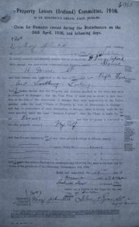 The compensation form filled in by Mary Plunkett, 16 Moore Street (last headquarters of the rebels), in November 1916—deemed ineligible because she missed the 18 August deadline. (NAI)