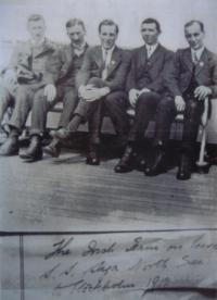The Irish cycling team relaxing on board the Saga, crossing the North Sea en route to Stockholm in 1912 (Michael Walker is second from left) 