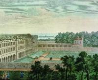 A 1753 print by Tudor of Trinity’s Old Library. The original medical school is the two-storey building at the end of the colonnade to the right of the picture. (Trinity College, Dublin) 