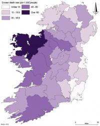 Distribution of upper-bound estimates of annual excess death rates per county (after Joel Mokyr). When one factors in a collapse in the birth rate of 300,000–400,000 as the population stopped growing, along with mass emigration, by 1851 the Irish population was perhaps two million lower than it should have been. (Atlas of the Great Irish Famine, p.171 [‘Big Book’, pp 56–7])