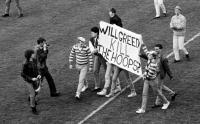 Will Greed Kill The Hoops?’—12 April 1987. Shamrock Rovers supporters and members of KRAM (Keep Rovers At Miltown) protest at Glenmalure Park after the final match (v. Sligo Rovers) played at the venue. (Ray McManus/SPORTSFILE)