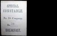 Meal tickets for the special constables who guarded the gallows.    According to Page, for the supper the night before the executions ‘the fare consisted of turkey, ham, chickens, ducks, roast and boiled beef, pigeon pie, lobsters, grapes and several kinds of fruits’. 