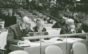Aiken representing Ireland at the United Nations in the 1960s, where he pursued a non-aligned position somewhat at odds with Lemass, who favoured orienting Ireland ever closer to Anglo-American hegemony. (RTÉ Stills Library)