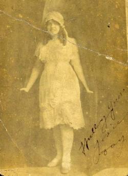 Josephine Kenny (stage name Josie O’Day) as a young performer at the Gaiety Theatre, Dublin; she was the second-eldest child of the Kenny family. Listed as a schoolgirl in 1911, she later married fellow performer (and early partner to Jimmy O’Dea) Jim Johnson. She died in 1968, aged 71.