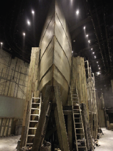 In the ‘shipyard ride’ a cable-car does a high-wire loop around a simulation of the Titanic’s hull under construction, including the prow (seen here).