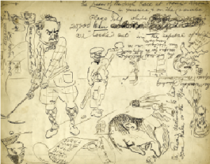 The front and back of Ernest Kavanagh’s ‘Dublin Labour War’—the only known surviving original Kavanagh drawing. (Dublin City Library and Archive)