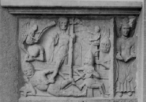 Freestone panel—clearly inspired by English alabasters—of the Resurrection from the Creagh tomb in the Franciscan friary at Ennis, Co. Clare. Originally erected by More Ni Brien in about 1470 as a tomb for her husband and the MacMahon family, the ensemble was remodelled, together with panels from another tomb, in the nineteenth century into a resting place for the Creaghs of Dangan. (Edwin Rae Collection, TIARC)