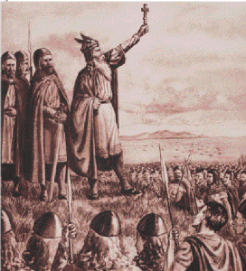 P. O’Byrne, ‘Brian Boru, king of Ireland (941–1014)’ (1910). The ‘Dublin Annals of Innisfallen’ recounted a version of the battle preparations that stressed Brian’s patriotic vigour as he circulated among the troops, brandishing a crucifix and urging them to stand firm against the foreigners. Thus the battle was presented as a last-ditch struggle between Christianity and paganism. (NLI)