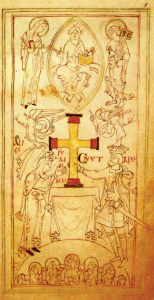 Angels crown King Cnut and his queen, Ælfgifu (Emma), as they present a large gold cross to Hyde Abbey. In a poem attributed to the skald Ottar the Black, Cnut is praised as ‘king of the Danes, the Irish, the English and the island dwellers’.