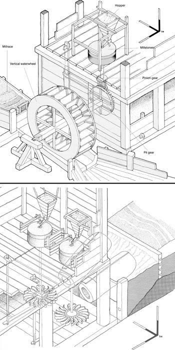Above: Conjectural reconstructions of the vertical-wheeled watermill (top) and the horizontal-wheeled watermill (bottom) at Little Island, Co. Cork. (Colin Rynne)  
