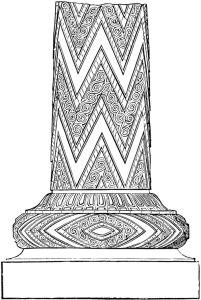 Drawing of one of the pillars of Agamemnon—‘the most complete, as well as the most highly decorated examples known of the Mycenaean column’—which lay forgotten in the basement of Westport House until 1906, and which now flank the entrance to Gallery No. 11 of the British Museum. (Roy Winkelman)