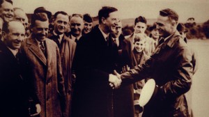 Eamon de Valera greets the American aviator Charles Lindbergh at Foynes, Co. Limerick, the ‘port’ chosen (with his assistance) for flying boats in the 1930s. (Foynes Flying Boat Museum)