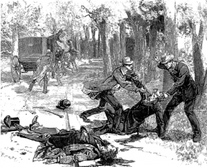The murders of Chief Secretary Lord Frederick Cavendish and Under-Secretary Thomas Burke in Dublin’s Phoenix Park, as depicted in Le Monde, May 1882. Burke, not Cavendish, was probably the Invincibles’ intended target. (NLI)