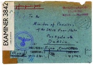 Envelope containing a letter (29 June 1943) from William Coman informing the pension authorities in Ireland that he was now a POW in Nazi Germany and that he would ‘have to leave my money with you until the war is over’. He had joined the British Army as a sixteen-year-old in 1916, was sentenced to fifteen years’ imprisonment for his part in the Connaught Rangers mutiny in India in 1920, was released in January 1923 and re-enlisted in the British Army during World War II. A second letter (25 May 1945) informed them that he had been repatriated from Germany and asked them to forward the arrears. (Military Archives)
