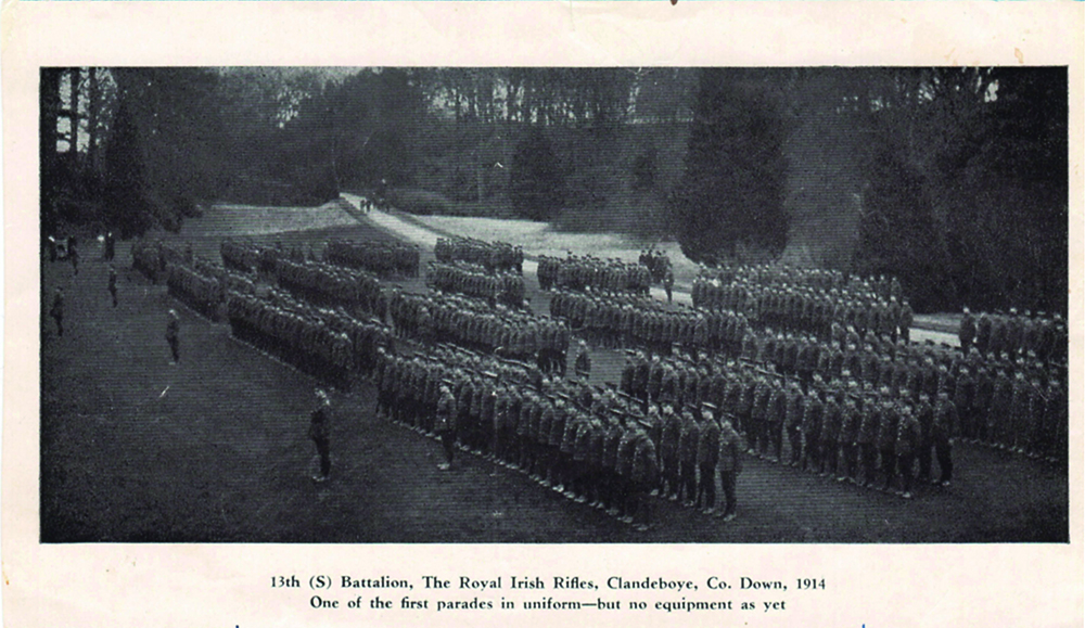 The 13th Royal Irish Rifles lined up at Clandeboye—the battalion of the 36th Ulster Division that men from Newtownards and district were likely to join. (Somme Centre, Newtownards) 