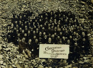 Conscientious objectors take a break from breaking stones in Dyce prison camp, outside Aberdeen, in October 1916.
