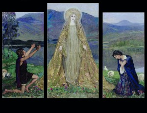 Sir John Lavery’s 1917 triptych of the Madonna of the Lakes, featuring his wife, Hazel. (St Patrick’s Church, Belfast)