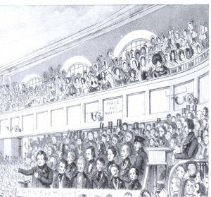 Daniel O’Connell addressing a Repeal meeting. Note the women in the gallery above, a designated female space. (NLI)