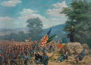 Detail from Absolution under fire by Paul Wood—Union soldiers of the Irish Brigade after the Battle of Gettysburg, July 1863. (The Snite Museum of Art)