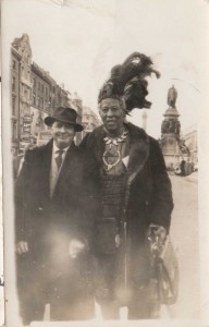 1955—Arthur Fields posing with passing ‘African prince’ and horse-racing tipster Ras Prince Monolulu. This larger-than-life character (whose real name was Peter) was actually born in the Caribbean.