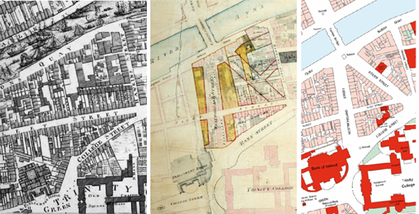 The transformation of Dublin—from Sugar-House Lane to D’Olier Street/Westmoreland Street and what is now O’Connell Bridge, showing the area in Rocque’s 1756 map (opposite page), the 1790 wide streets proposal (left) and the area in the 1840s (above). 