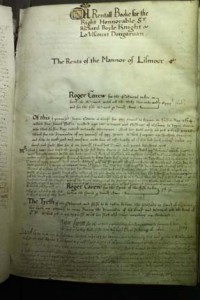 Part of the first page of a lease-book of Boyle’s lands as designated to be inherited by his eldest son, Richard, Viscount Dungarvan. (NLI) 