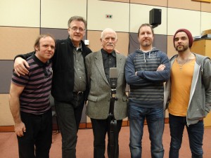RTÉ Radio 1’s ‘Drama on One’ production team of A family of memories—Kevin Brew (producer), Patrick Mason (director), Thomas Kilroy (writer), Denis Clohessy (composer) and Damien Chennells (sound design). (RTÉ)