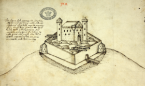 A 1590s image of Burt Castle, Co. Donegal. (NAI)