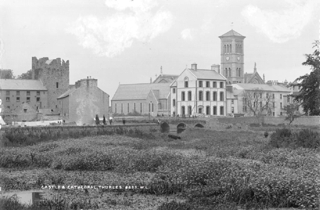 Thurles in the nineteenth century. The shop-front of GAA founder William Delahunty is just visible behind the river wall, between the bridge and the tree to its right. (NLI)