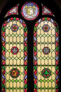 The stained-glass window in Corrigan Hall, which can seat up to 200 people.  