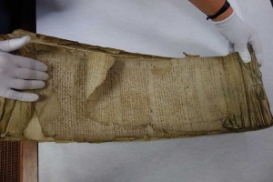 The surviving, intact, medieval court roll from Justiciar John Wogan’s court, 1312–13. Such court records left by the English administration show us how English law in Ireland was actually applied in practice. (NAI)