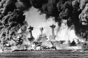 The USS Utah in flames in the wake of the Japanese attack on Pearl Harbour in 1941. Also destroyed were the Oklahoma and Nevada. All three were stationed in Bantry Bay towards the end of the First World War.