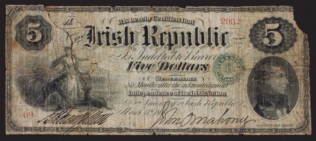 A Fenian bond for $5 — ‘redeemable six months after the acknowledgement of the independence of the Irish nation’ — signed by John O’Mahony and dated 17 March 1866.