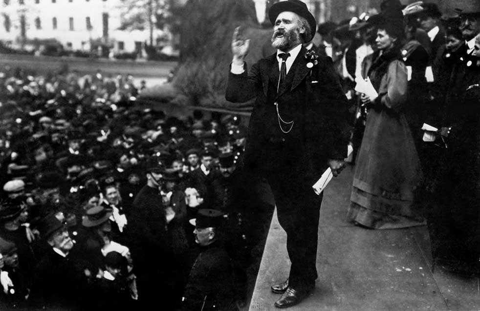 Labour politician Keir Hardie speaking in Trafalgar Square at a Women's Suffrage demonstration. Just behind is the founder of the Women's Social and Political Union, Emmeline Pankhurst