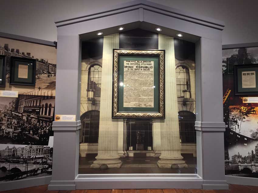 The centre-piece of the exhibition is a neo-classical arch, which surrounds an ornately framed original copy of the 1916 Proclamation.