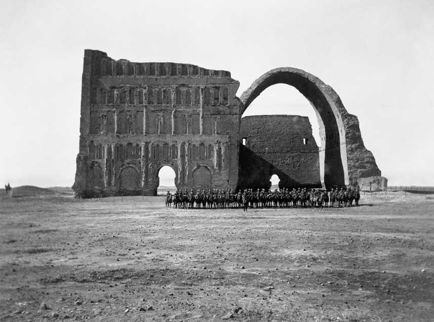 British cavalry pose beside the Arch of Ctesiphon during the advance on Baghdad in March 1917. On 21 November 1915 it was the scene of a costly defeat by the Turks of Major-Gen. Charles Townshend’s India Army corps, who were subsequently besieged in Kut. Also known as Taq Kasra, the arch is the largest single-span vault of unreinforced brickwork in the world, built in AD 540 by Sassanid-era Persians. (Private collection) 