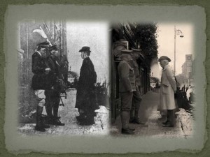 Top: The 1916 Freedom tour re-enacts Pearse’s surrender to Gen. Lowe.
