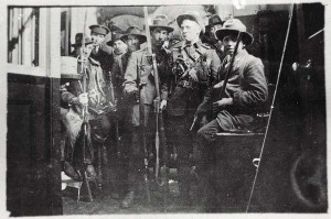 (L to R): Desmond O’Reilly, James Mooney, Paddy Byrne, John Doyle, Tom McGrath, Hugh Thornton, John Joseph Twamly and Bernard Friel—one of the few photographs (taken by Joseph Cripps) of rebels inside the GPO at Easter 1916. In all probability most, if not all, feature in the WO 35 files. (NLI; additional information supplied by Lorcan Collins)