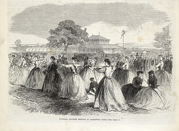 Above: The ladies’ archery competition at Alexandra Park, London, in early July 1864, scene of Betham’s greatest success. Her winning score was the highest recorded hitherto. (Illustrated London News, 16 July 1864/NLI) 