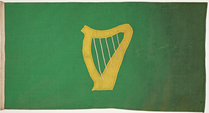 Above: The Inniskillings Museum’s flag. The evidence suggests that this is Connolly’s ‘Green Flag of Ireland’ under which the Citizen Army formed up to march on the GPO in 1916. Unlike the other 1916 rebel flags it has not been on long-term display, and the brightness of the colours gives some idea of what the others must originally have looked like. (Inniskillings Museum)
