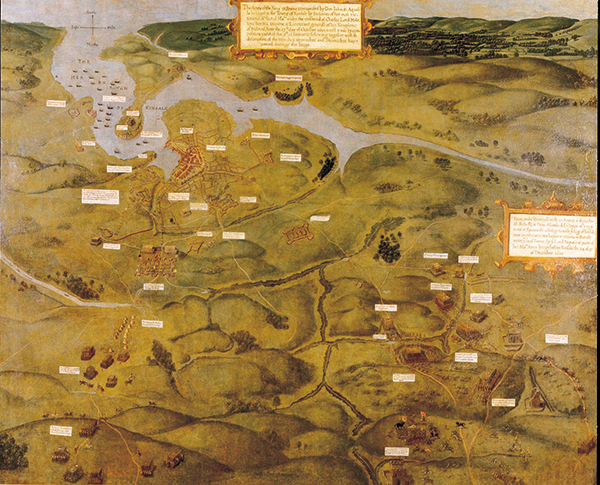 Above: Close examination of The Battle of Kinsale in Trinity College, Dublin, reveals visible slash-marks (inset), indicating that it is the original painting attacked in 1620 and not a copy. (Trinity College, Dublin)