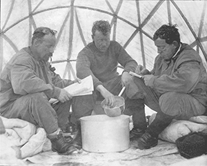 Above: Shackleton (right?) with two of his men in their tent. What is remarkable is the quantity of photographs and film that survived his 1914–17 exhibition. (Shackleton Museum)