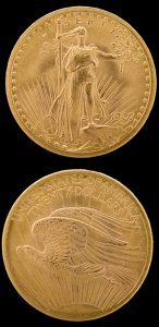 Above: One of Augustus Saint-Gaudens’s $20 gold coins, featuring Donegal woman Mary Cunningham as Liberty.