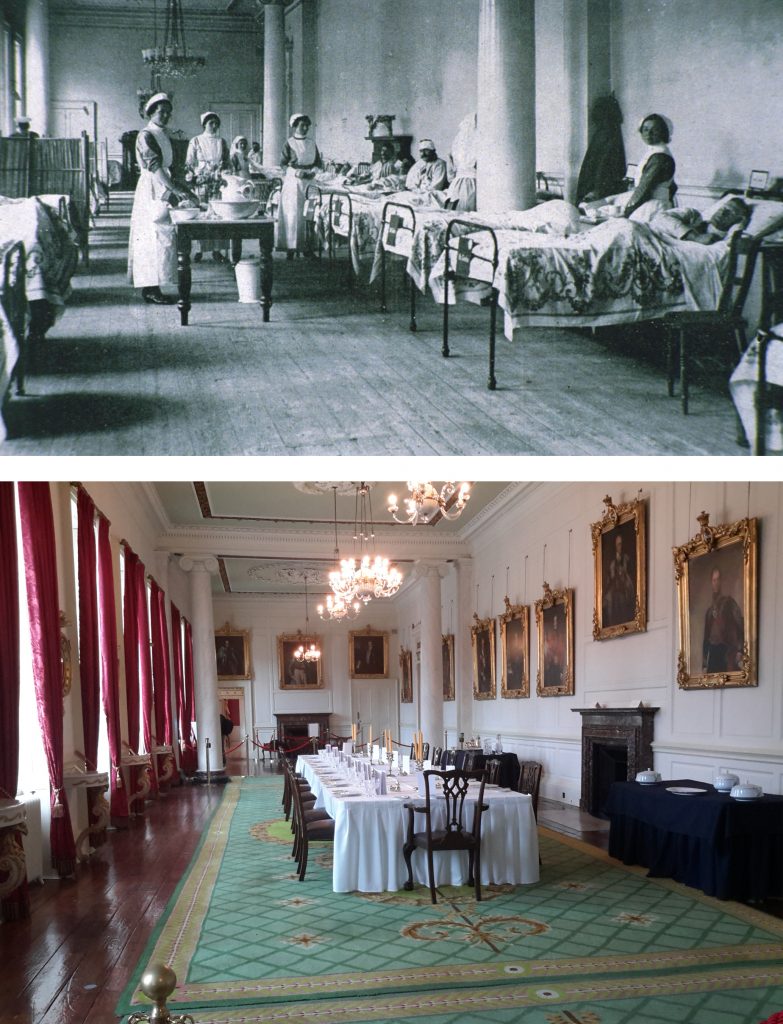 Above: Dublin Castle’s Portrait Gallery in May 1916 and now (inset). (Imperial War News; OPW)