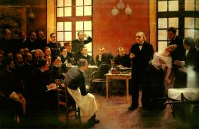 Painting by André Broussais of French psychiatrist Charcot presenting ‘a hysterical patient’ to his colleagues at the Salpetrière Hospital, Paris. (Neurological Hospital, Lyon)